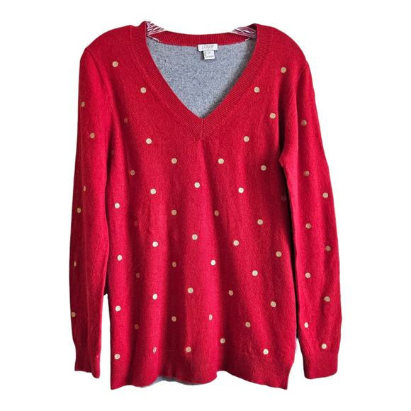 J. CREW Women M Sweater Embroidered Polka Dot Red Gold Long Sleeve Wool Blend 38 - Picture 1 of 8